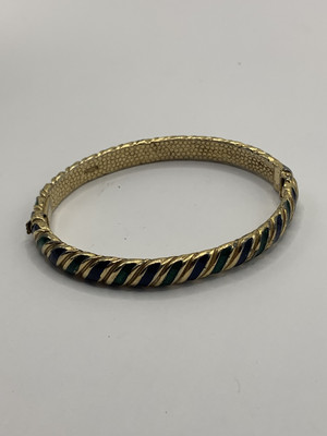 Vintage CINER Gold Tone Blue And Green Enamel Hinged Bracelet Signed