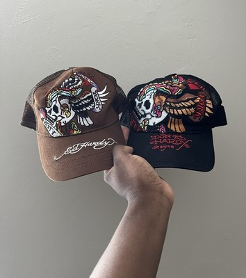 TWO Ed Hardy Embroidery Skull Trucker Caps