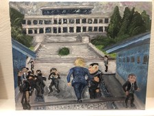 Original Oil Painting Donald Trump Meets Kim Jong Un North Korea 38th Pa...