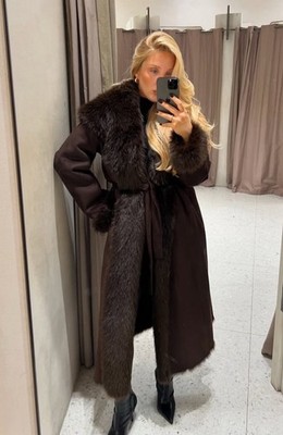 ZARA NEW WOMAN BELTED FAUX FUR COAT ZW COLLECTION BROWN SIZE L  3581/240/700