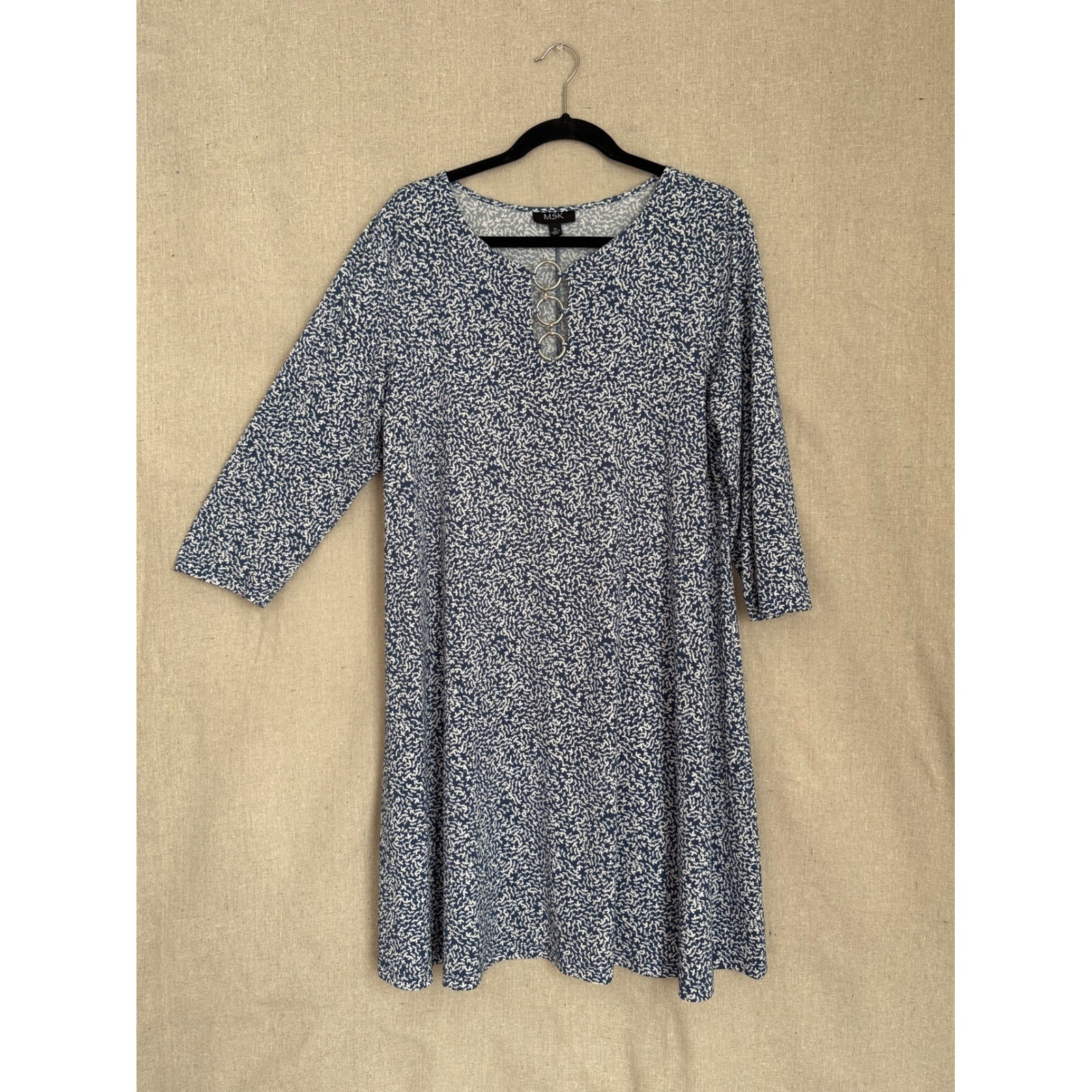 MSK Navy White Leaf Print Shift Dress 3/4 Sleeve Silver O-Ring Detail XL