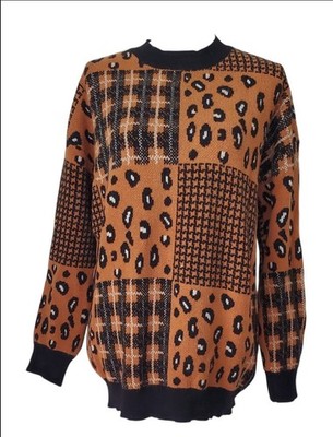 Heimish Long Sleeve  Sweater Orange And Black Leopard Patchwork Design Size L