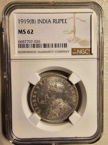 India 1 Rupee 1919B NGC MS 62