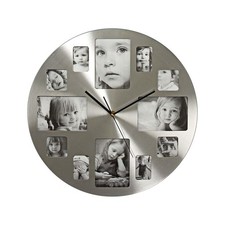 Nedis Horloge Murale en Métal 40cm avec Cadres Photo Personnalisables Intégrés, Argent