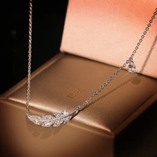Collar Colgante Hoja Pluma Plata de Ley 925 Micro Pavé Mujer Joyería