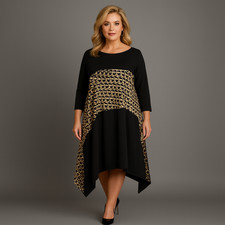 WOMENS LADIES LOOSE FITTING HANKY HEM DRESS WITH SATIN PANEL - PLUS SIZE