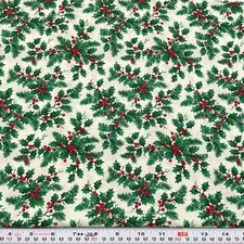 Vintage Cranston Holly Leaves & Berries Off White Cotton Fabric by the HALF YARD