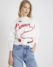River Island Womens Sweatshirt White Long Sleeve L'amour Lipstick Crew Neck Top