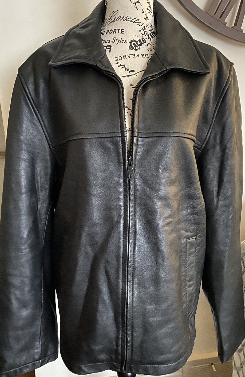 Tommy Hilfiger Men's black leather jacket zip up Medium “flannel lined” eBay