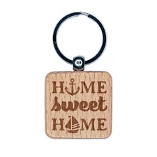 Nautical Beach Home Sweet Home Engraved Wood Square Keychain Tag Charm