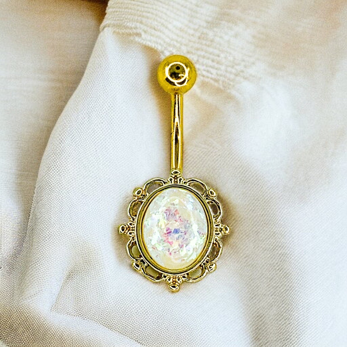14g gold IP ornate victorian charm white faux opal belly ring (B420)