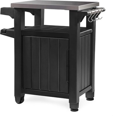 Keter Outdoor BBQ Grill Prep & Serving Cart, Stainless Steel Top, 40-Gal, Grey