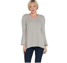 H by Halston Bone Grey Rib Knit V-neck Bell Sleeve Top Tunic New