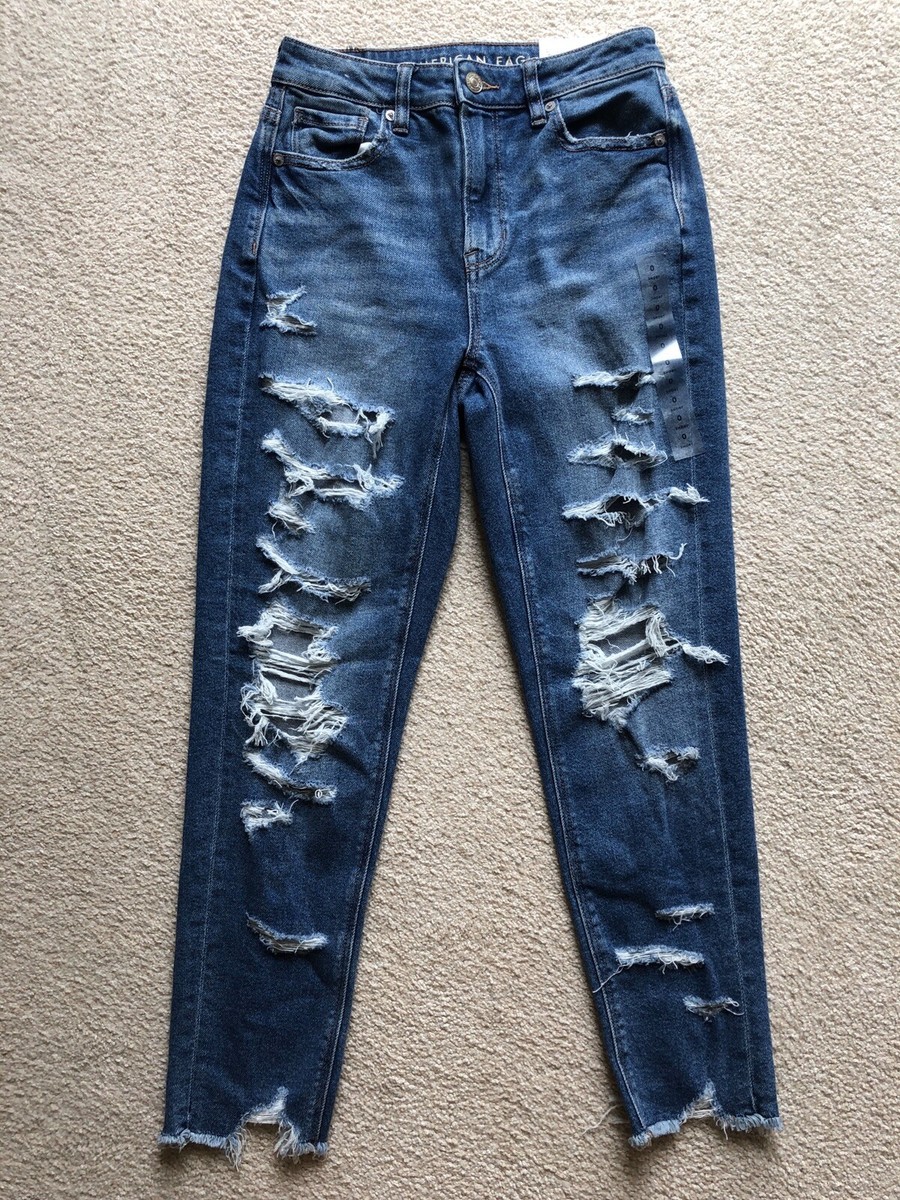 Women American Eagle AE Stretch Ripped Mom Jeans Hi Rise Short Indigo  Shatter