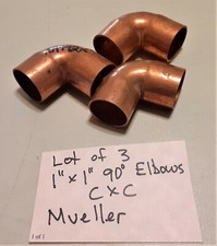 Lot of 3 - Mueller 1" Wrot Copper 90 Degree C x C Short Radius Elbows - NOS