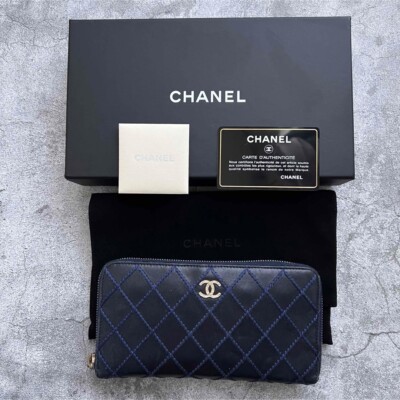 Authentic CHANEL wild stitch Coco mark long wallet round zipper navy  leather
