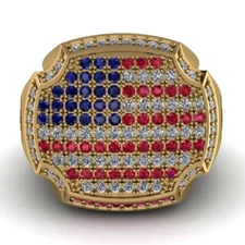 3Ct Simulated Ruby& Sapphire USA Flag Signet Band Ring 925Yellow Sterling Silver
