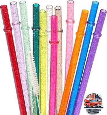 Sin BPA 12 Pajitas Plastico Transparente Reutilizables 11 Pulgadas Con Purpurina
