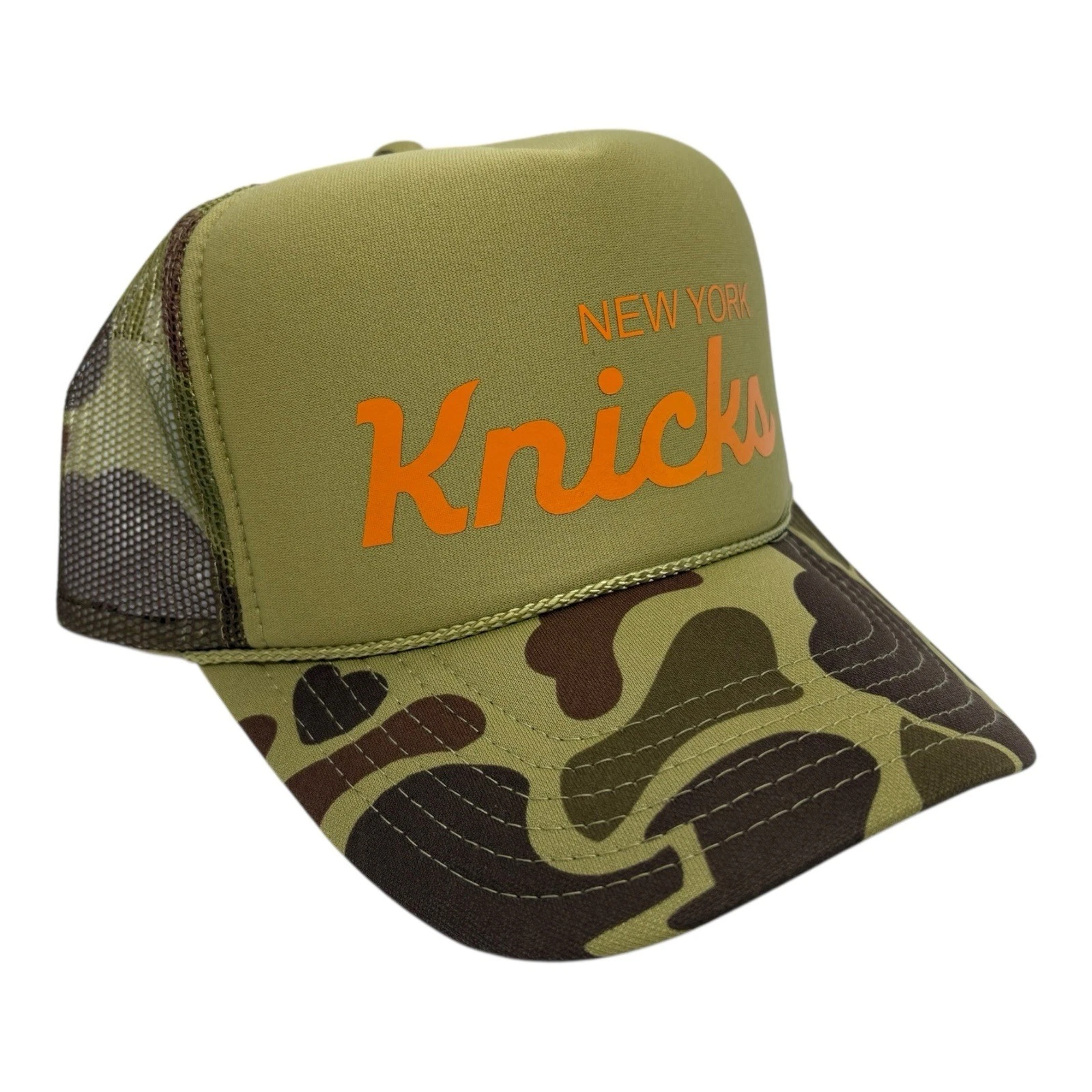 NEW YORK KNICKS SPORTS SCRIPT CAMO NY HAT 5 PANEL HIGH CROWN TRUCKER SNAPBACK
