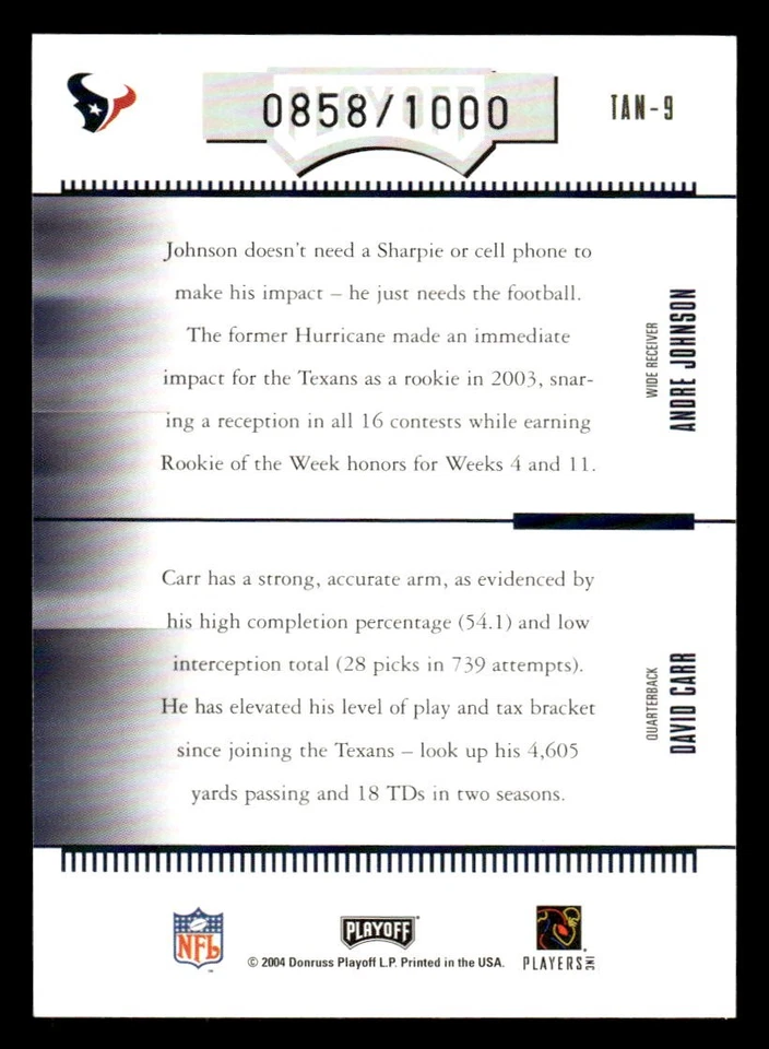 Playoff Absolute Memorabilia 2004 #TAN-9 Andre Johnson/David Carr #/1000 Foto 2 de 2