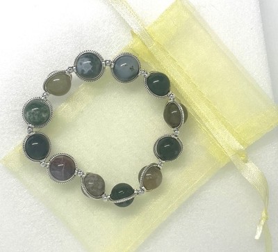 Indian Agate Bracelet from Natural Polished Stone Beads in Silver Alloy Halos