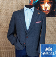 STAFFORD Men s 48 L TWEED Sport Coat Gray Black Wool LEATHER ELBOWS BUTTONS