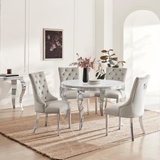 Skye Round White Marble Effect Dining Table & 4 Grey Velvet Belgravia Chairs