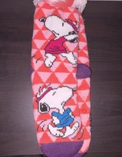 Peanuts Snoopy Sherpa Lined Non-Slip Pink Bed Slipper Socks Women One Size