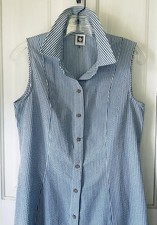 Anne Klein Dress Womens 8 Blue Seersucker Midi A-Line Nautical Coastal Preppy