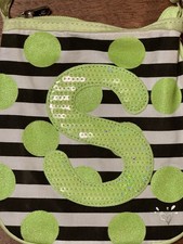 Justice Girls Green Sequin Initial S Crossbody Bag Black White Stripes EUC