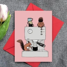 SQUIRREL BARISTA'S  - Heavy DutyEveryday Blank Greeting Card W/Envelope & Seal.