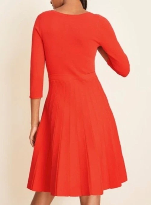 Ann Taylor Red Pleated Skirt A-Line Dress 3/4 Sleeves in Red Size XL - Image 2 of 4