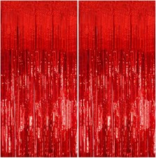 2 Pack Foil Curtain Backdrop Red Metallic Tinsel Foil Fringe Curtains Photo