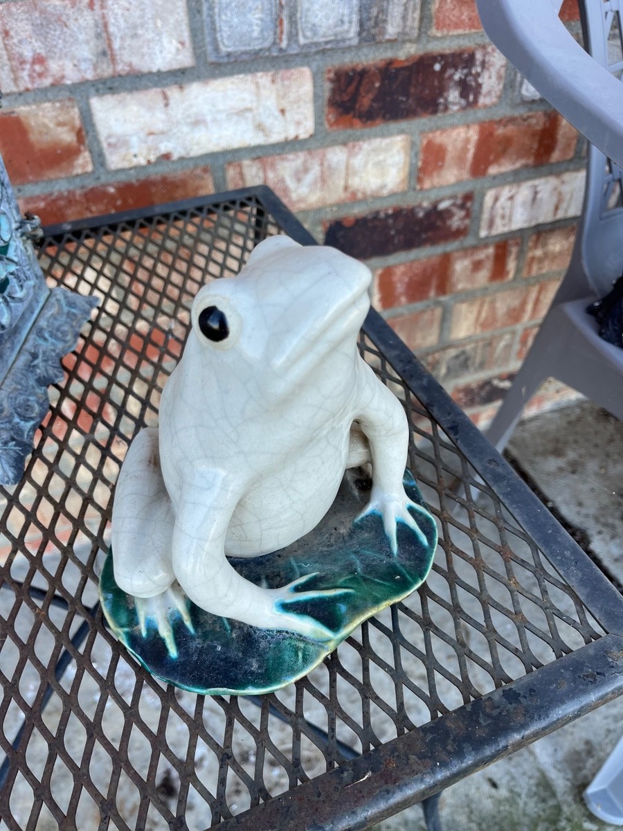 Vintage White Crackle Glaze Pottery Frog Figurine on Green Lily