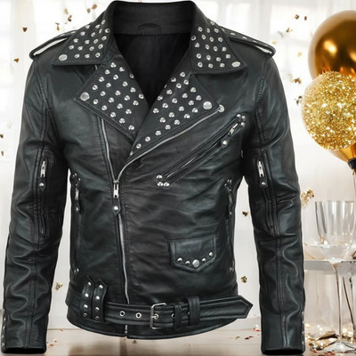 Handmade Black Studded Leather Biker Jacket, Men's Motorcycle Style