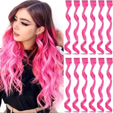 12 PCS Hot Pink Hair Extensions Clip In, Curly Wavy Colored Extension