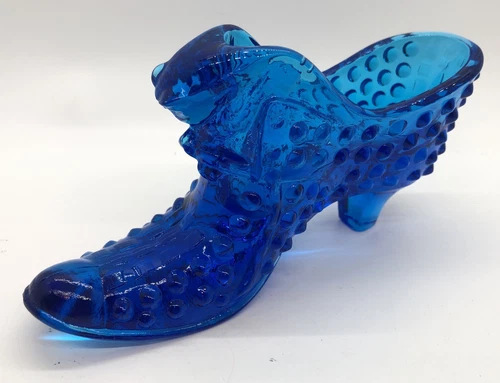 Vintage Fenton Glass Hobnail Blue Cat Head Slipper Shoe