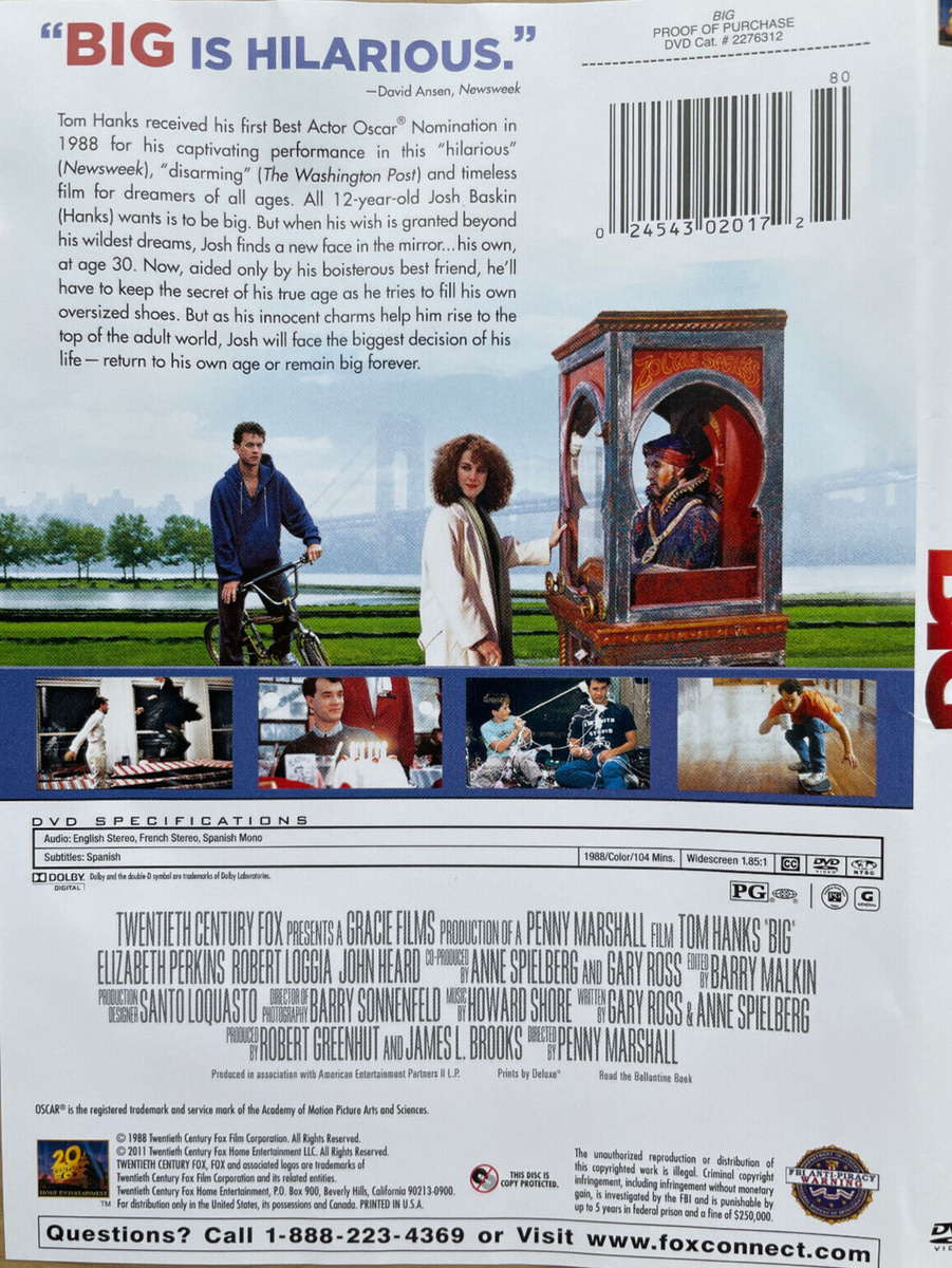 Big (DVD c1988/2011 20th Century Fox) Tom Hanks, Elizabeth Perkins