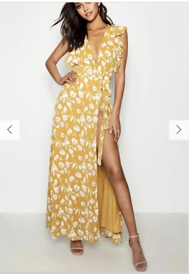 Boohoo Floral Frill Detail Maxi Wrap Dress Size 12 Mustard Yellow