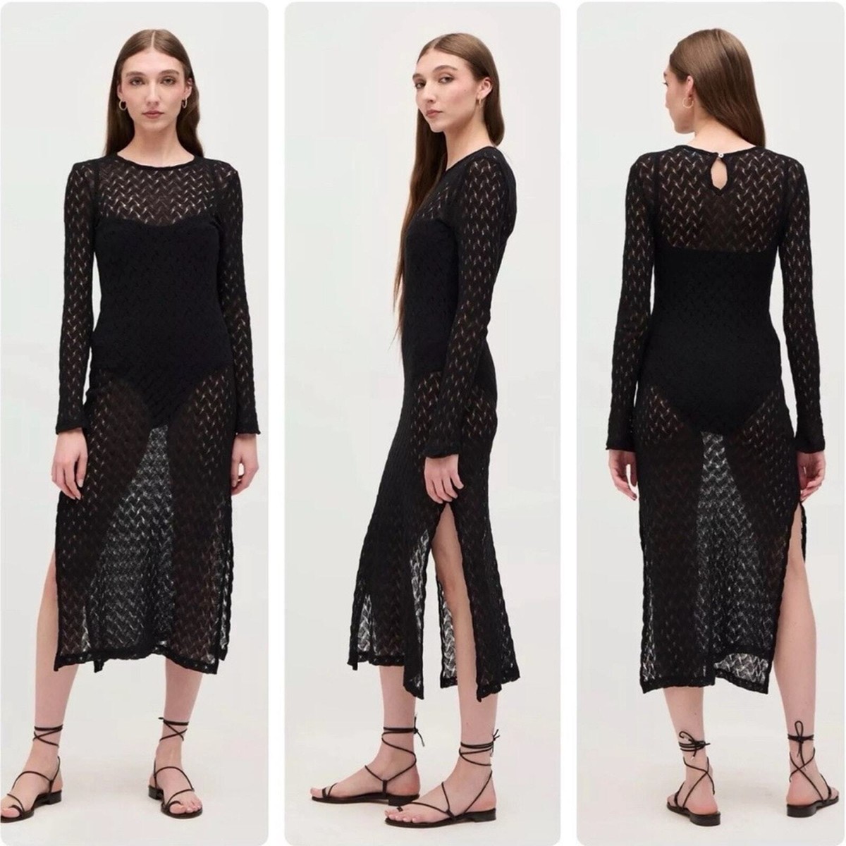Hill House Enzo Black Raschel Knit Midi Dress Crochet
