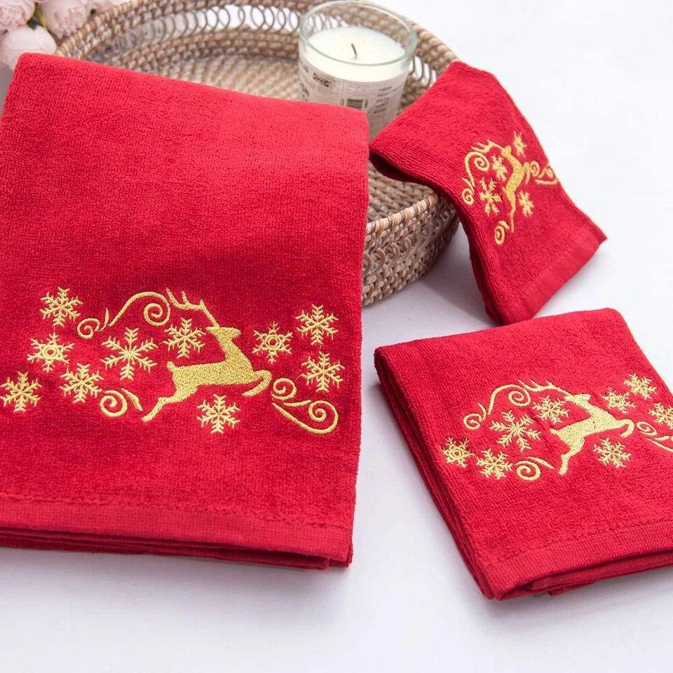 Juego de toallas de baño de Navidad 100 % algodón bordado Navidad 3 piezas, ciervo dorado Foto 3 de 4