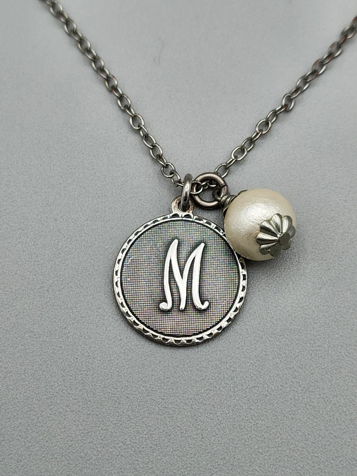 John Wind Silver Plated Sorority Initial "M" and Faux Pearl Pendant Necklace - Image 2 of 4