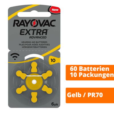 60 x Rayovac Extra eh. Advanced  Typ 10 Gelb PR70 Hörgerätebatterien 1,45 V 