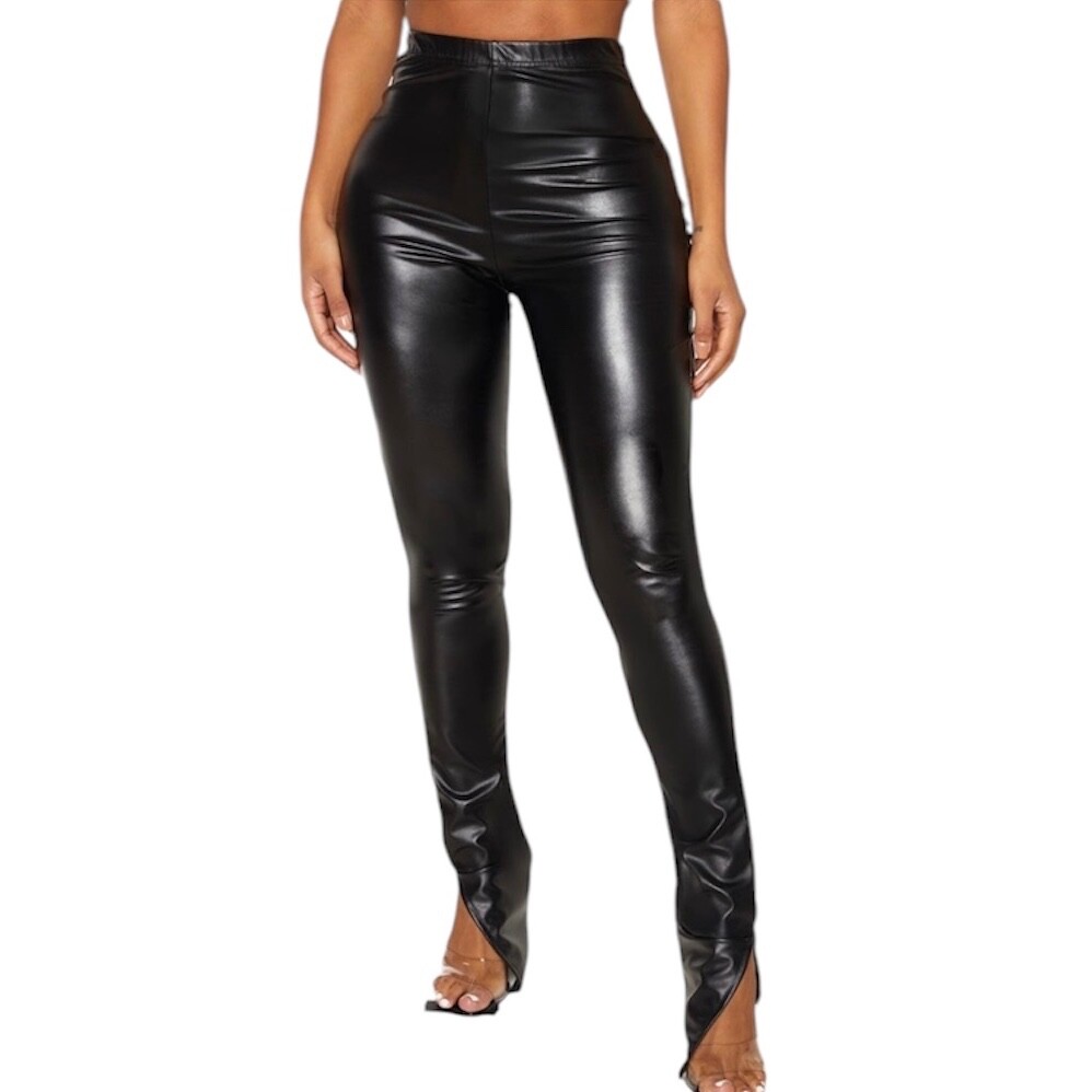 High Waist Side Split Leather Leggings Pretty Little Thing Black