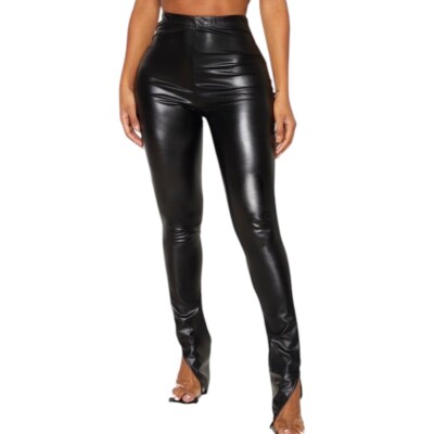 Pretty Little Thing Black Faux Leather Side Split Hem High Rise - Main Image