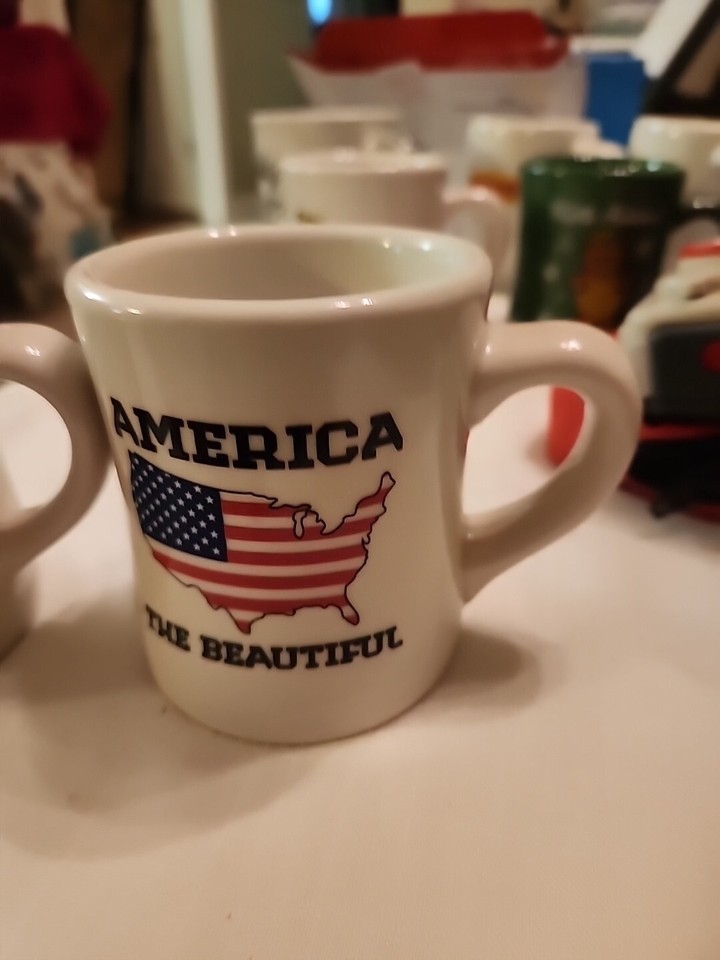 Vtg. Waffle House Logo Diner & America The Beautiful Coffee Mugs HEAVY