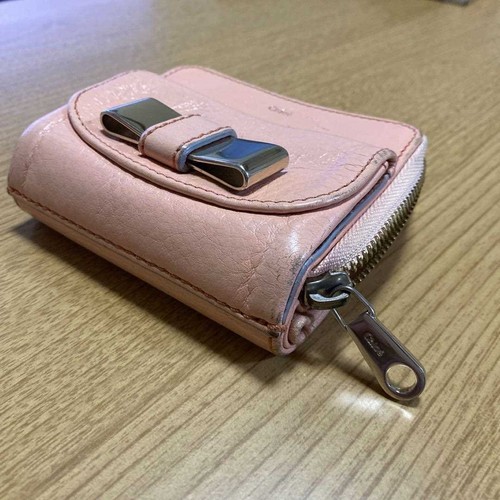 Chloe Bi-fold Wallet Logo Ribbon Leather Pink Women's USED FROM JAPAN - Picture 2 of 9