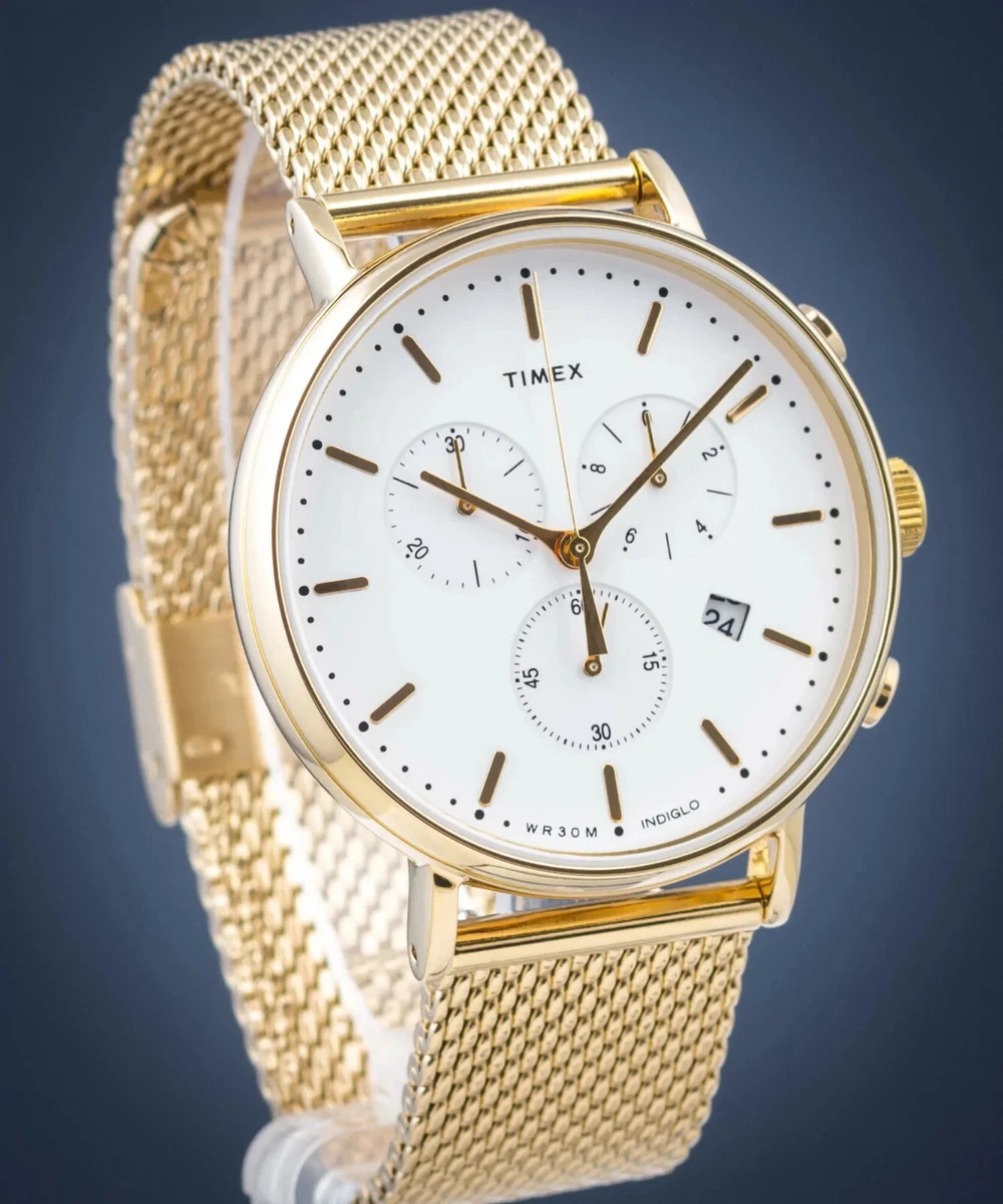 Timex Fairfield Chronograph gold Mesh band Silver white dial 41mm
