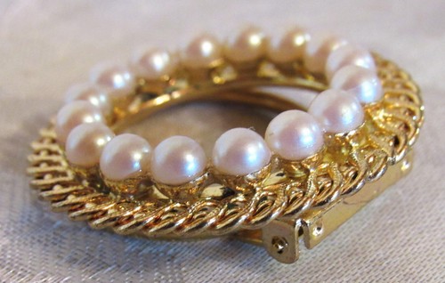 2 Gorgeous Western Germany Faux Filigree Gold & Pearl Ribbon Lace Scarf Clips - Foto 7 di 12