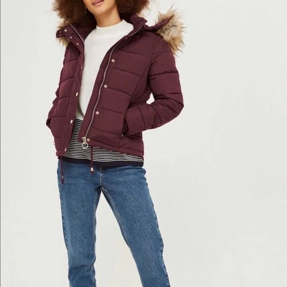 TopShop size UK 10 Faux Fur Burgundy Puffer Jacket removable hood